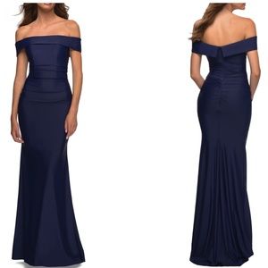 NEW La Femme Off the Shoulder Ruched Satin Gown Size 4